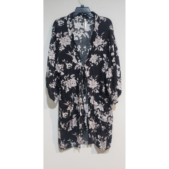 Spiritual Gangster Kimono Robe Black Floral MAYA Cardigan Tie Front w Pockets - Picture 1 of 5